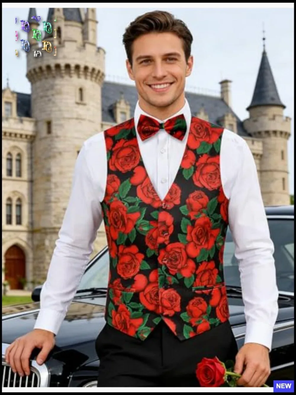 Men's V-Neck Suit Vest with Bowtie Floral Pattern Relaxed Fit Valentine's Day